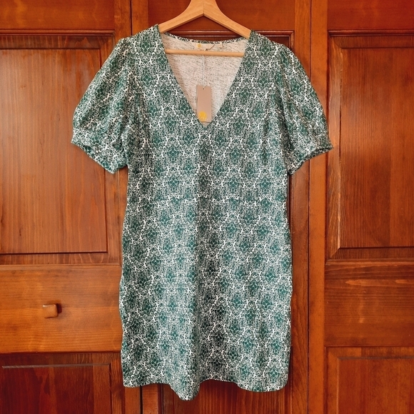 🛍 NWT Boden V-neck Jersey Mini Dress dark green white print D0555 BGR size 12 - Picture 1 of 10